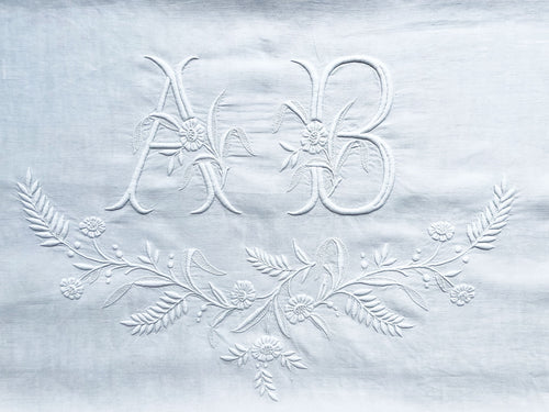 Antique AB Monogrammed Large Bolster Cushion - Antique French Textiles AB Monogram on Linen - Antique French Linen Cushions - Charlotte Casadejus