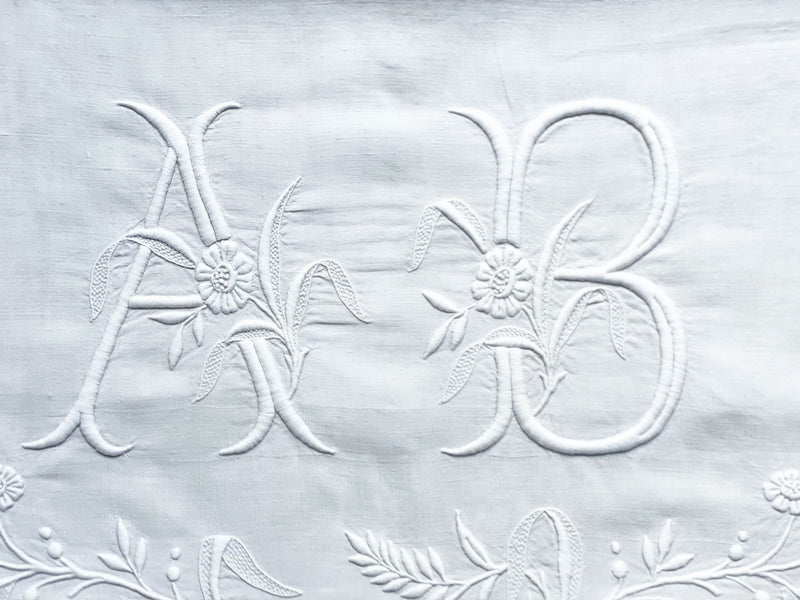 Antique AB Monogrammed Large Bolster Cushion - Antique French Textiles AB Monogram on Linen - Antique French Linen Cushions - Charlotte Casadejus
