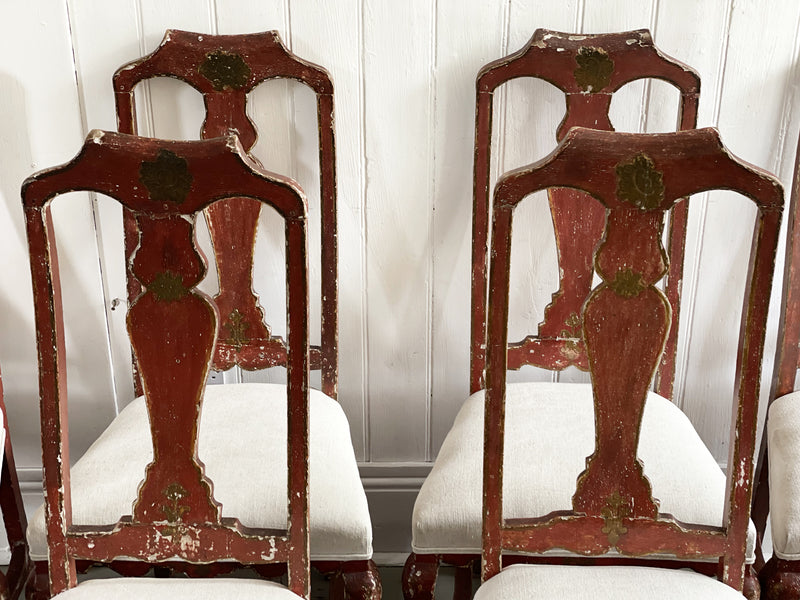A Fine Set of 8 Large 18th C Dutch Dining Chairs with Original Red Paint