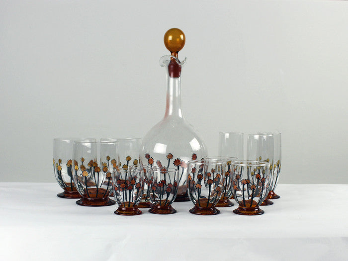 A set of hand painted 1960's glasses and decanter
