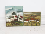 1950's French Oil on Canvas Village Scene in Blue & Green Tones
