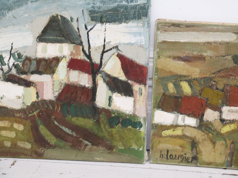 1950's French Oil on Canvas House in Fields Scene in Green Tones