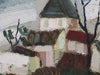 1950's French Oil on Canvas Village Scene in Blue & Green Tones