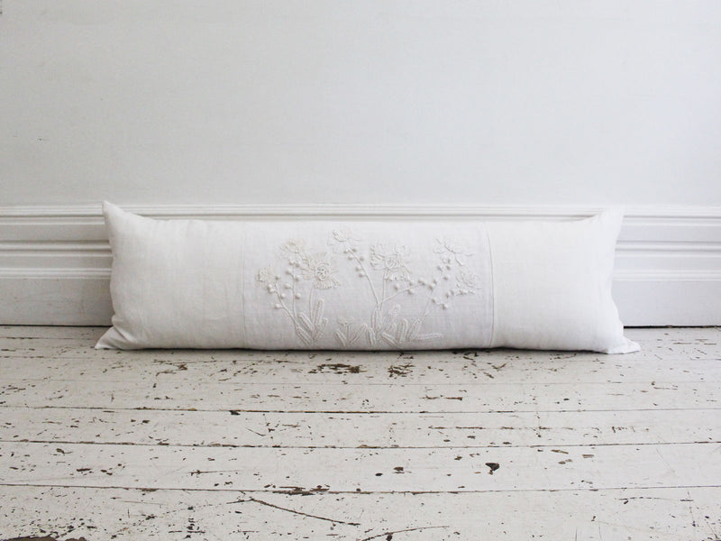 Bolsters - Antique French White on White Appliqué Embroidery on Linen Bolster P345