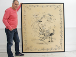 An Exceptionally Large Antique Monochrome Chinese Hand Embroidery in Black Frame