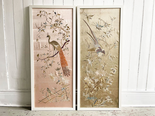 A Pair of Antique Hand Embroidered Silk Chinese Panels 