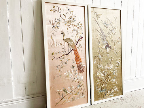 A Pair of Antique Hand Embroidered Silk Chinese Panels 