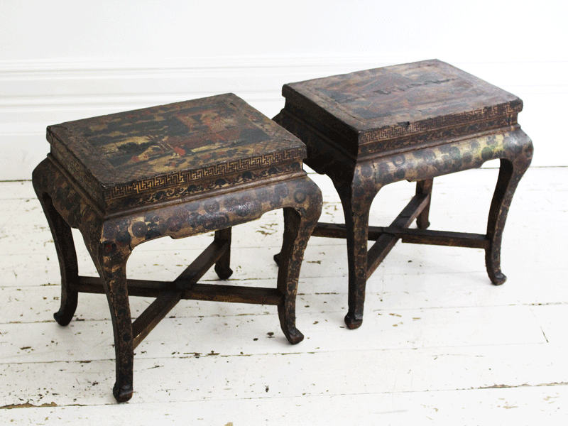 A Pair of 19th Century Lacquered Chinoiserie Stool Tables