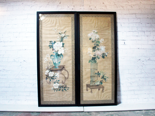 A Large Pair of Decorative Framed Antique Chinoiserie Watercolours on Paper