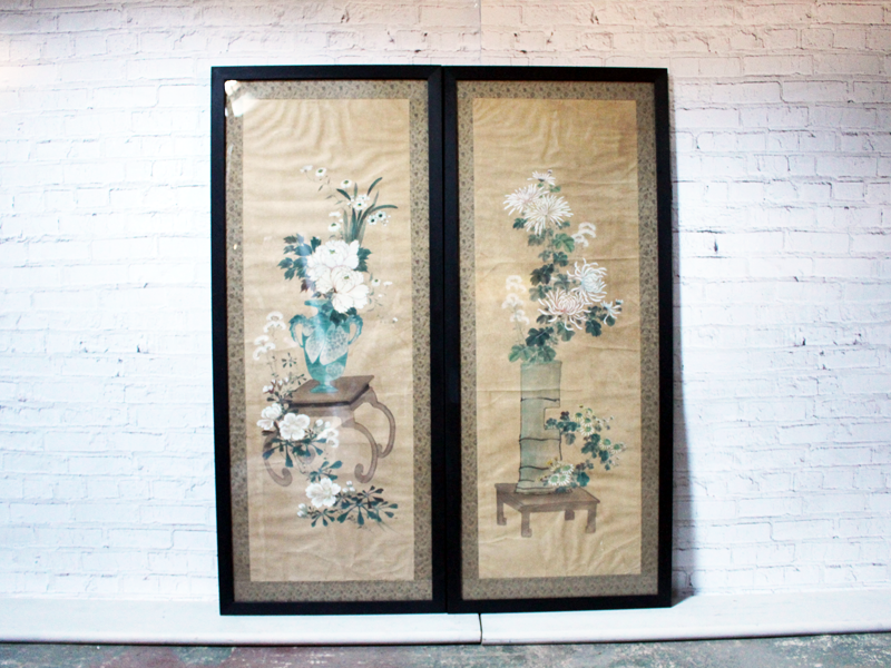 A Large Pair of Decorative Framed Antique Chinoiserie Watercolours on Paper