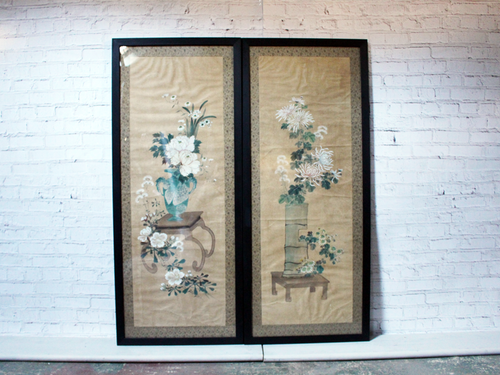 A Large Pair of Decorative Framed Antique Chinoiserie Watercolours on Paper