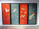 A Four Piece Set of Hand Embroidered Chinoiserie Silk Panels in Red & Blue