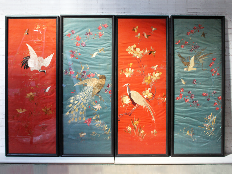 A Four Piece Set of Hand Embroidered Chinoiserie Silk Panels in Red & Blue