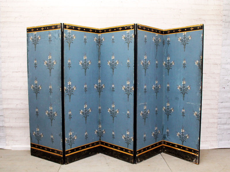 A French Directoire Blue Double Sided 5 Panel Papered Room Screen with Gold Detail