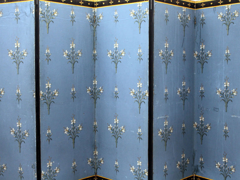 A French Directoire Blue Double Sided 5 Panel Papered Room Screen with Gold Detail