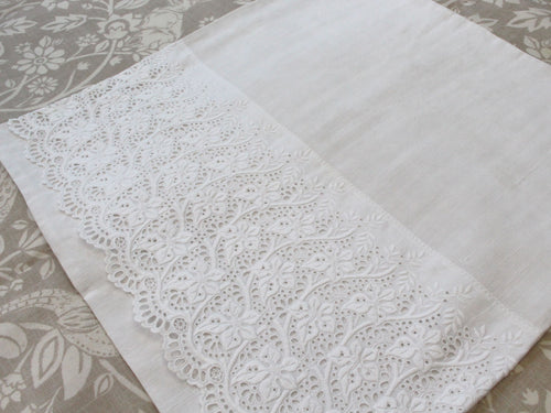 40cm Square Cushion - Antique French Embroidered Scalloping on Linen
