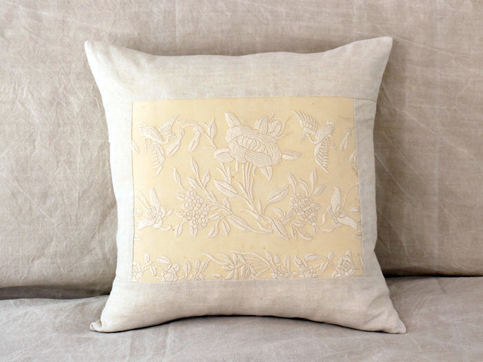 50cm Square Cushion - Chinese silk embroidered panel on linen by Charlotte Casadéjus