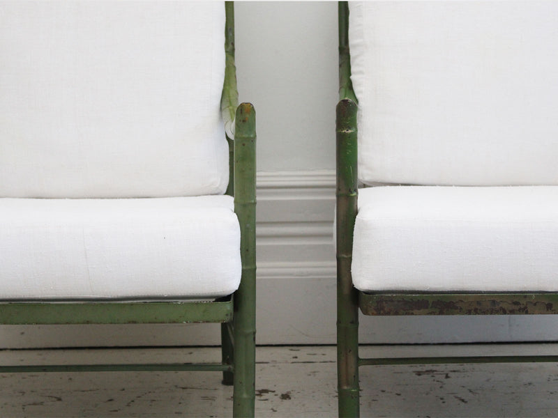 A Pair of Mid Century Modern Faux Bamboo Metal & Brass Armchairs by John Wicks