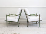 A Pair of Mid Century Modern Faux Bamboo Metal & Brass Armchairs by John Wicks