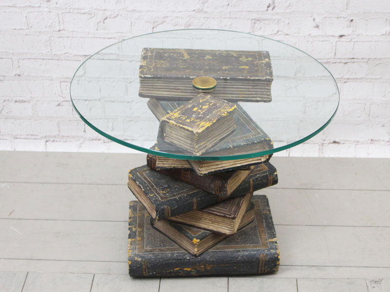 Vintage French Carved Wooden Faux Book Occasional Table with Glass Top