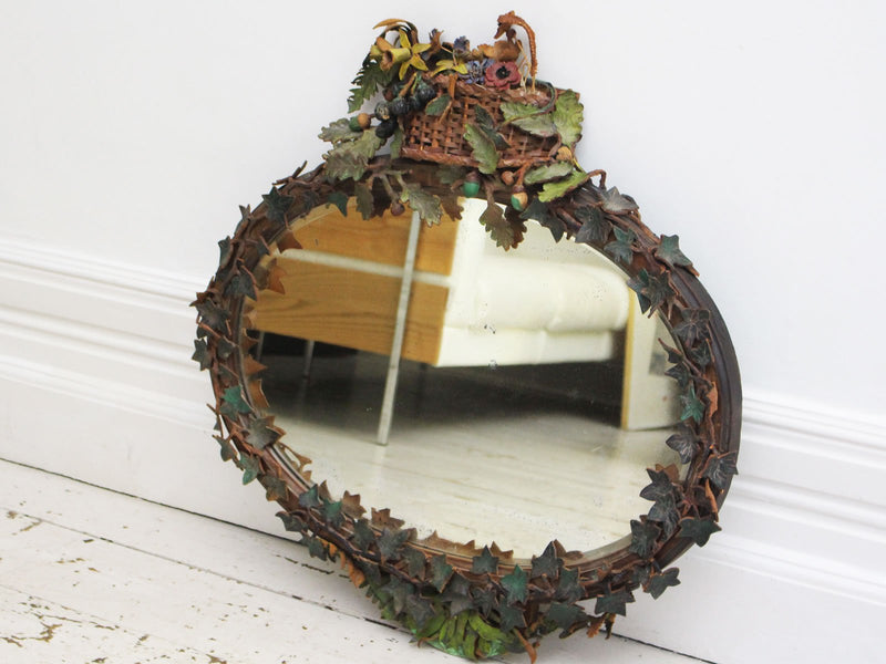 An Early 20th C French Folk Art Leather Mirror with Leaves, Acorns and Basket