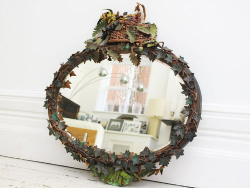An Early 20th C French Folk Art Leather Mirror with Leaves, Acorns and Basket