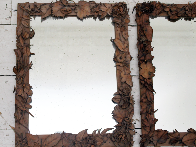 Exceptional Set of Three Antique Folk Art French Mirrors with Leather Floral Surround