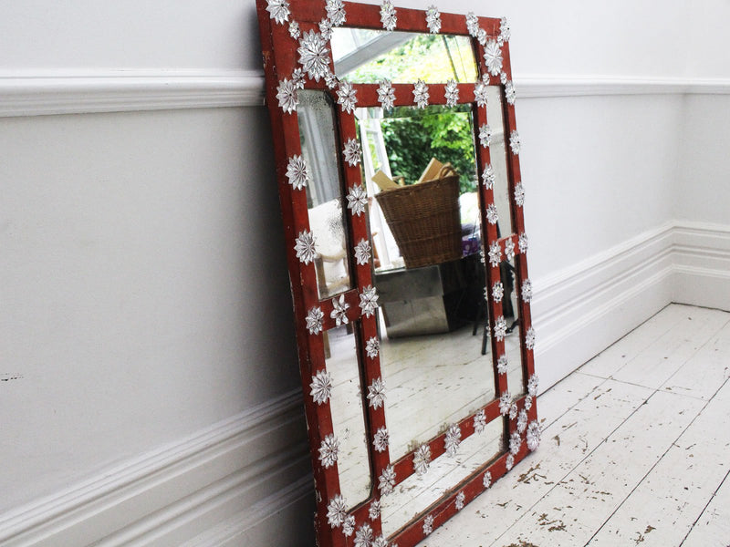 An Antique French Art Populaire Mirror with Crystal Decoration