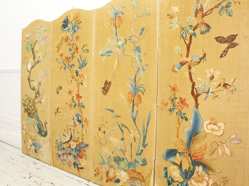 A Late 19th C Hand Embroidered & Appliquéd Screen With Exotic Birds & Flowers