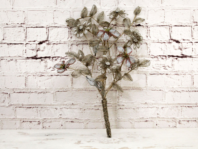 An Early 20th C Floral Beaded Bouquet in White and Pale Grey