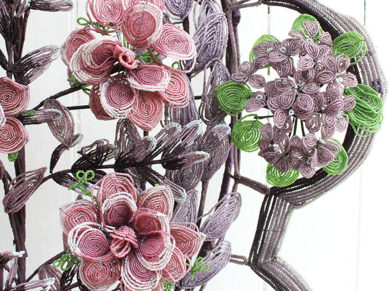 A Very Large Early 20th C Floral & Leaf Aubergine Beaded Wreath (D)