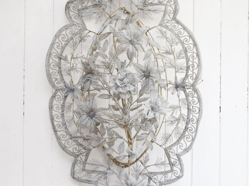 A Very Large Early 20th C Floral & Leaf White Grey Beaded Wreath (B)