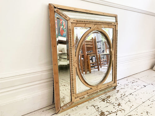 A 19th C French Pine Cushion Mirror with Bevelled Glass