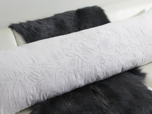 RM Large Bolster Cushion - Antique French White on White Embroidery on Linen Bolster PB83