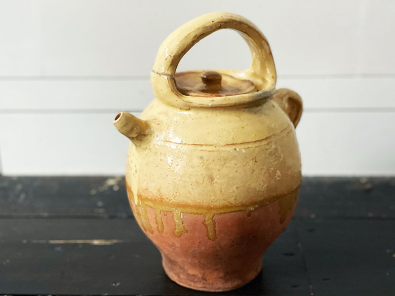 Antique French Terracotta Water Jug with Yellow Decoration 2
