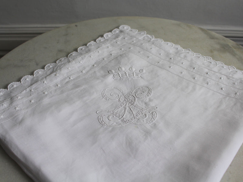 An Antique French Embroidered White Pillowcase with Baron's Crown