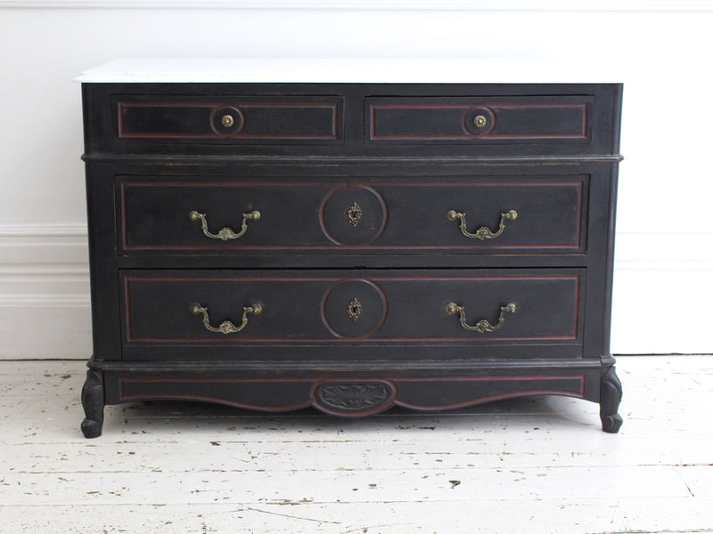 An Early 19th C Black Painted French Commode with Marble Top