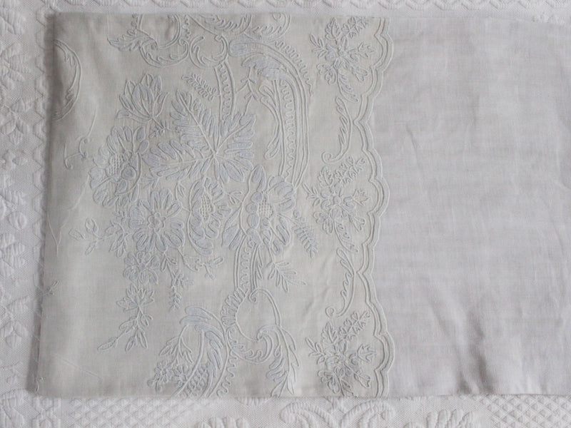 Bolsters - Antique French White on White Embroidered Cornely on Linen Bolster P344
