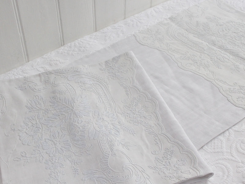 Bolsters - Antique French White on White Embroidered Cornely on Linen Bolster P344