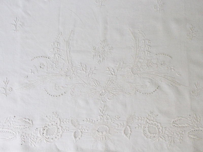 Bolsters - Antique French White on White Fine Embroidery on Linen Bolster by Charlotte Casadéjus