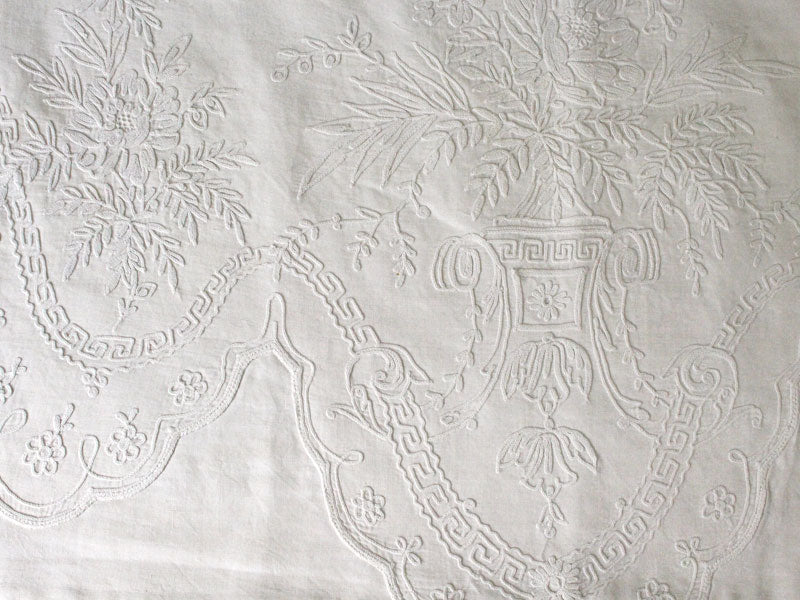 Bolsters - Antique French White on White scalloped Cornely Embroidery on Linen Bolster by Charlotte Casadéjus