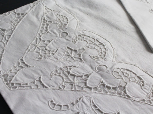 Small Bolster - Antique French White on White Embroidered Scalloped Cutwork on Linen Cushion