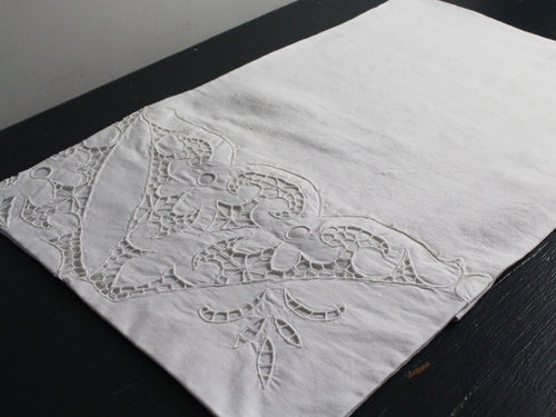 Small Bolster - Antique French White on White Embroidered Scalloped Cutwork on Linen Cushion