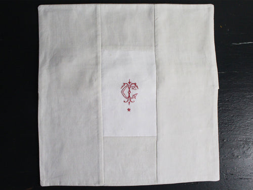 30cm Square Cushion - Antique French Red & White Monogram CT or TC on Linen