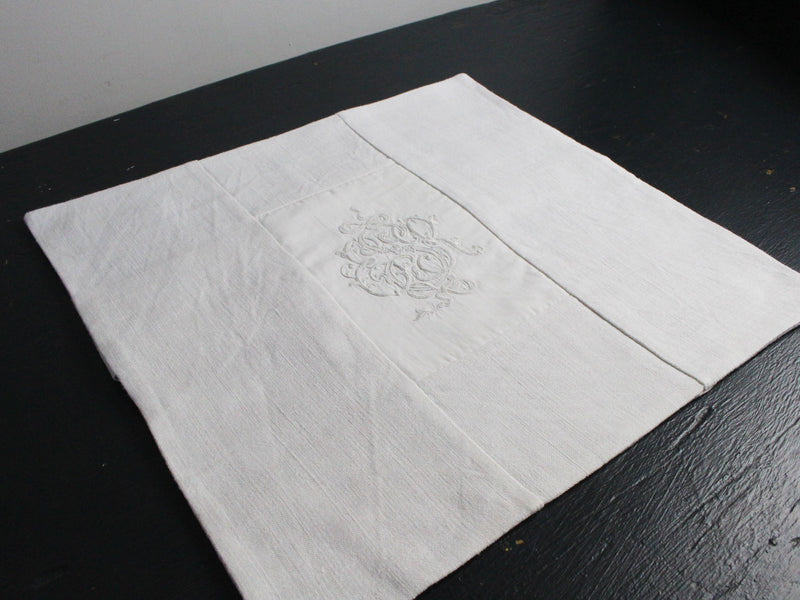30cm Square Cushion - Antique French White on White Monogram ESR on Linen
