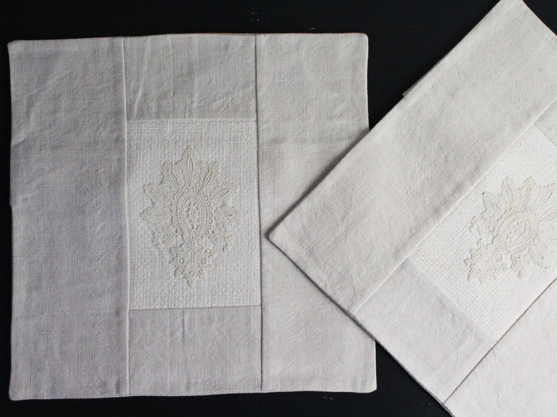 30cm Square Cushion - Antique French Ivory Lace Motif on Linen