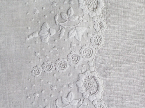 30cm Square Cushion - Antique French White on White Delicate Embroidery on Linen