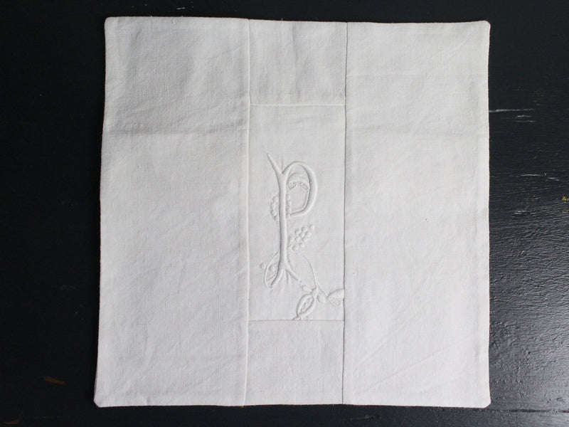 30cm Square Monogrammed Cushion - Antique French White on White Embroidered 'P' on Linen