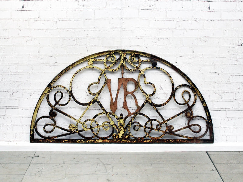 A Victorian Cast Iron Demi Lune Decorative Overdoor With Initials VR
