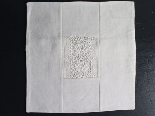 30cm Square Cushion - Antique French Ivory Lace Insert on Linen